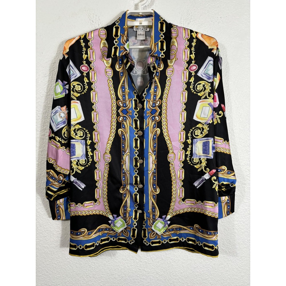 OO LALA Shirt Womens‎ Medium Chain Perfume Print Long Sleeve Bold Graphic Top